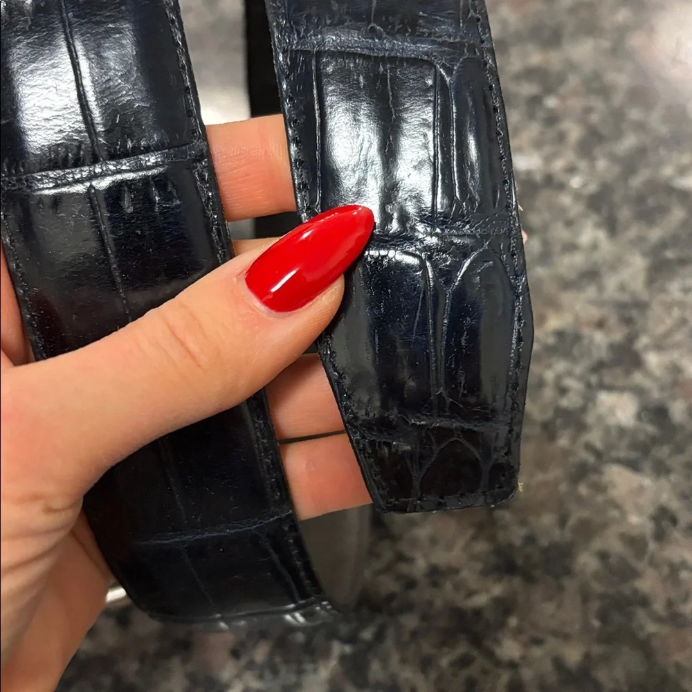 ViCENZA SPORT genuine calfskin alligator print Elegant Black Leather Belt silver